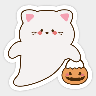 cute cat ghost holds a pumpkin basket Sticker